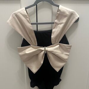 Velvet bodysuit with satin rhinestone bow